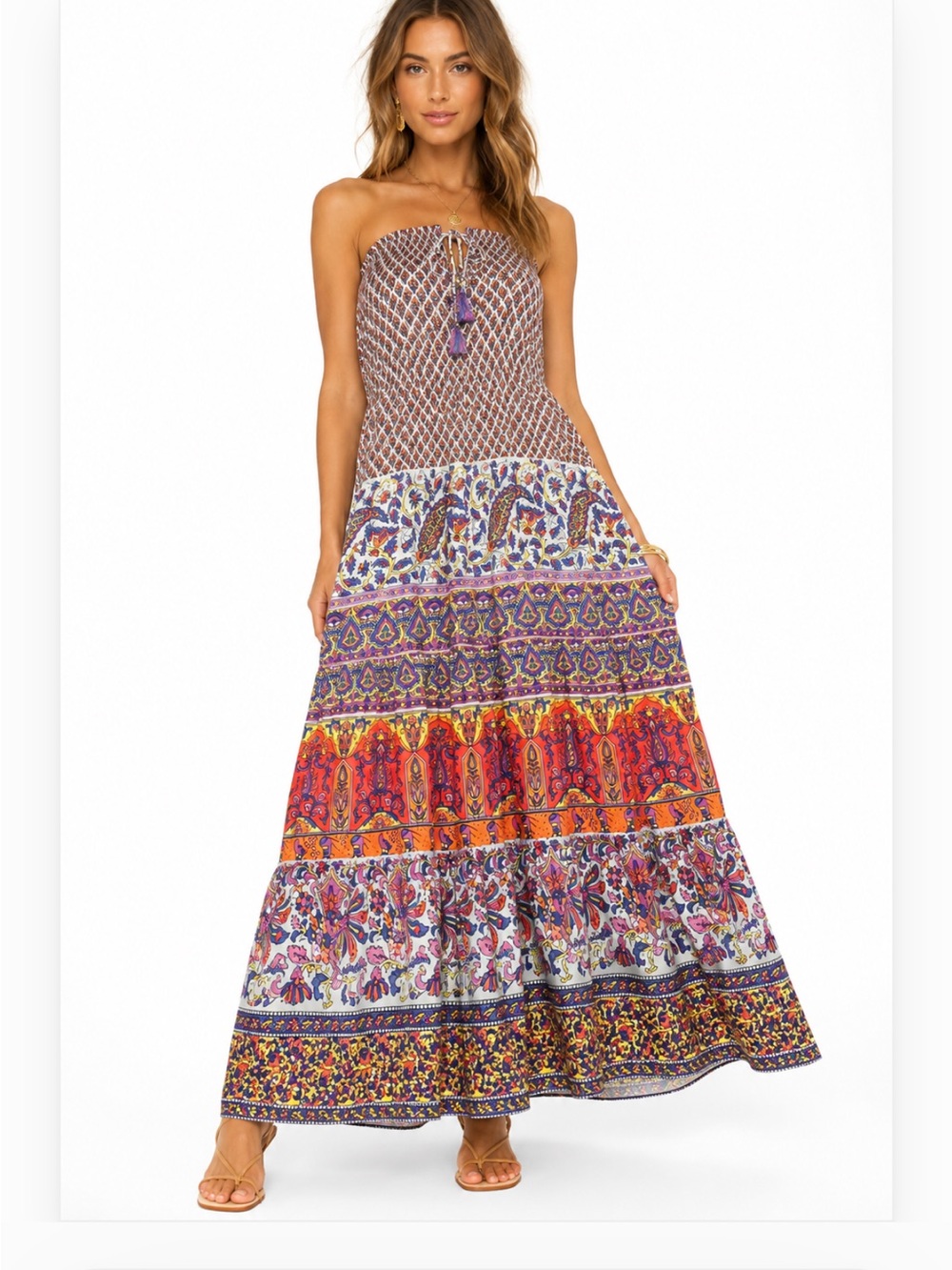 Calypso St. Barth 100% Silk Boho Patchwork Smocked Maxi Dress M